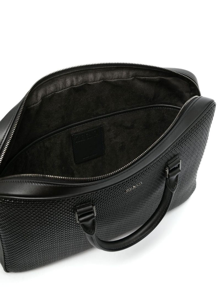 Black Waffle Texture Leather Laptop Bag