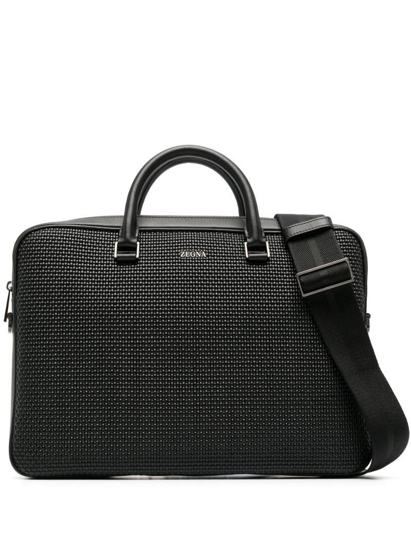Black Waffle Texture Leather Laptop Bag