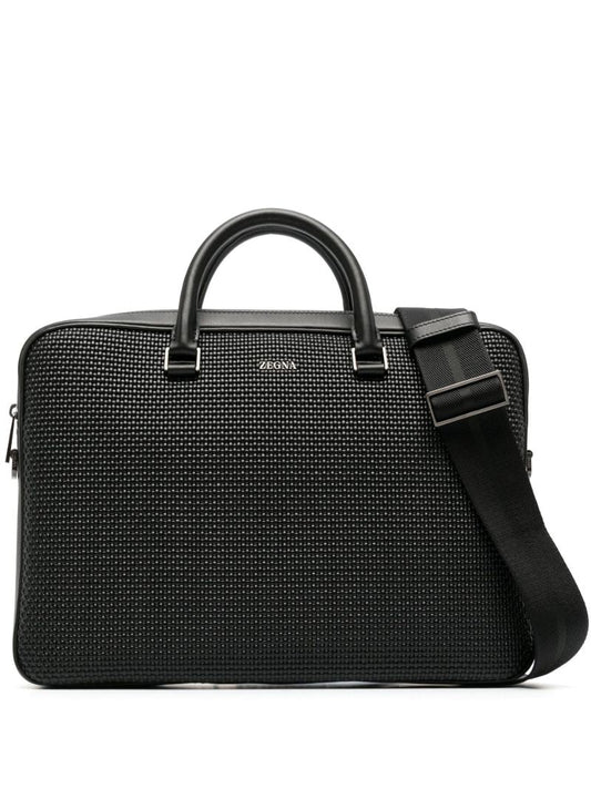 Black Waffle Texture Leather Laptop Bag