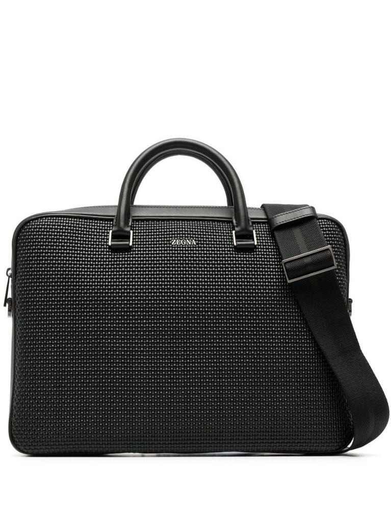 Black Waffle Texture Leather Laptop Bag