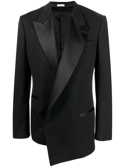 Black Asymmetric Double-breasted Wool Tuxedo Jacket