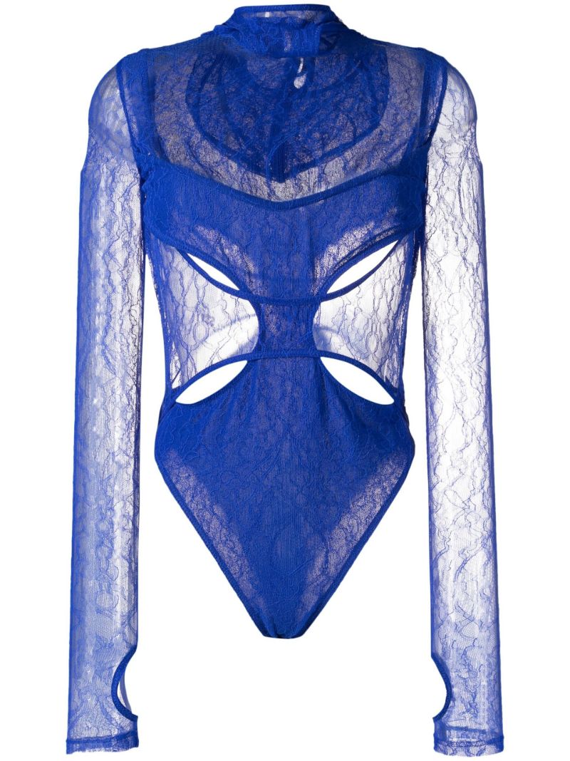 Blue Hooded Lace Panelled Bodysuit