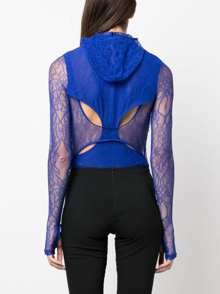 Blue Hooded Lace Panelled Bodysuit