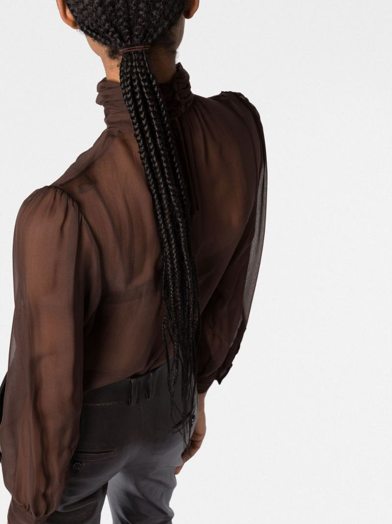 Brown High Neck Silk Blouse