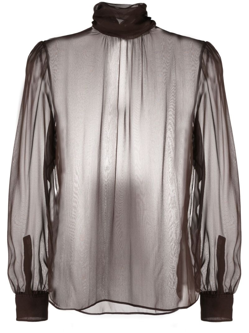 Brown High Neck Silk Blouse