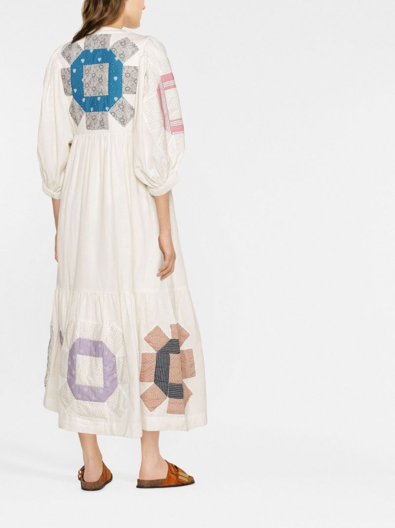 White Patchwork Print Cotton Midi Dress