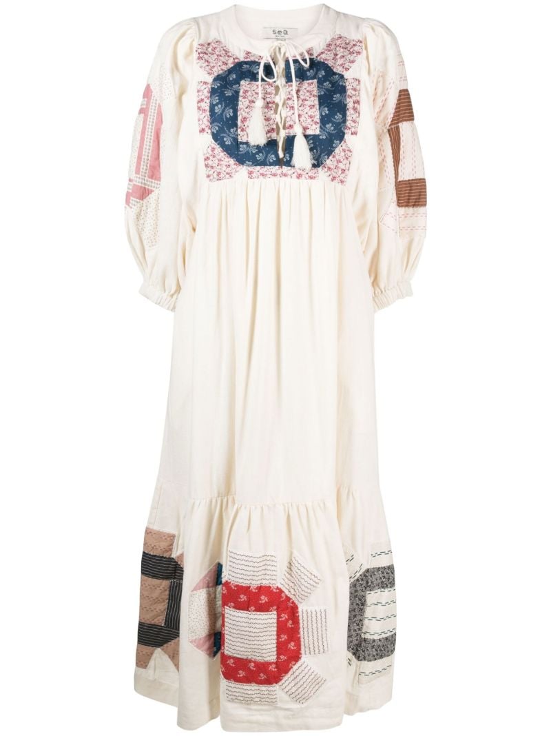 White Patchwork Print Cotton Midi Dress