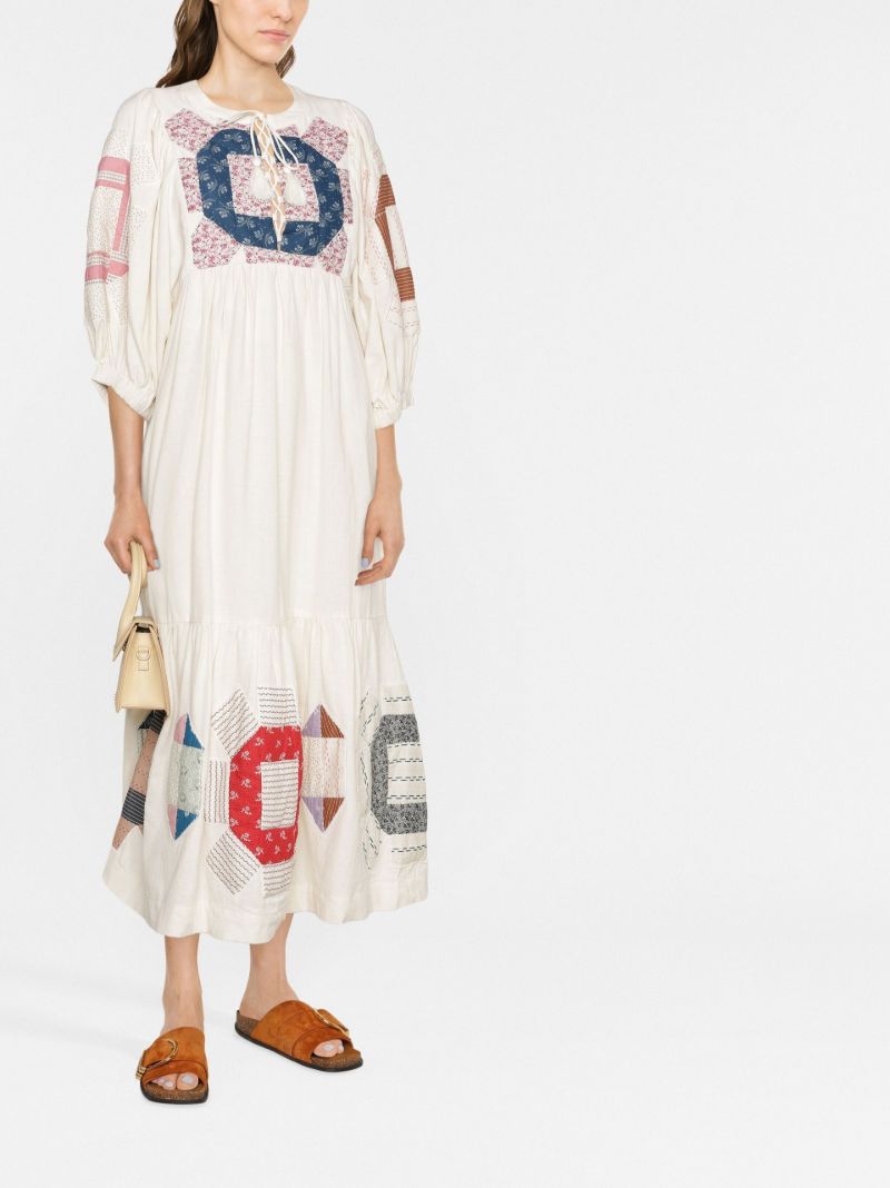 White Patchwork Print Cotton Midi Dress