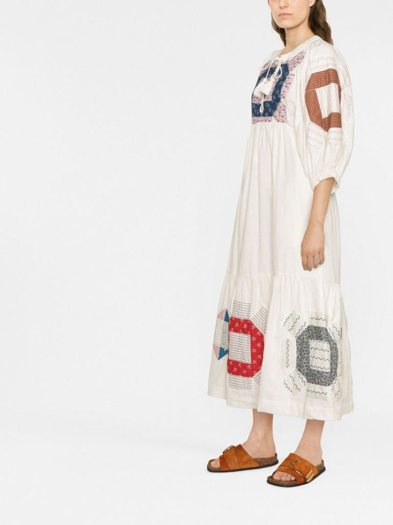 White Patchwork Print Cotton Midi Dress