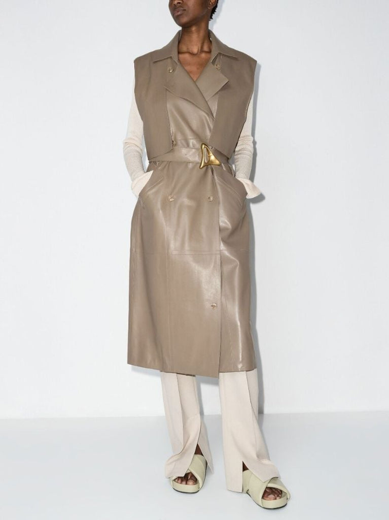 Neutral Delray Sleeveless Double-breasted Leather Coat