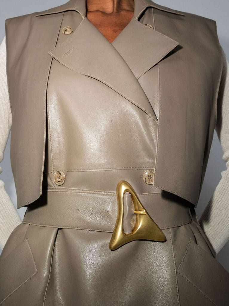 Neutral Delray Sleeveless Double-breasted Leather Coat