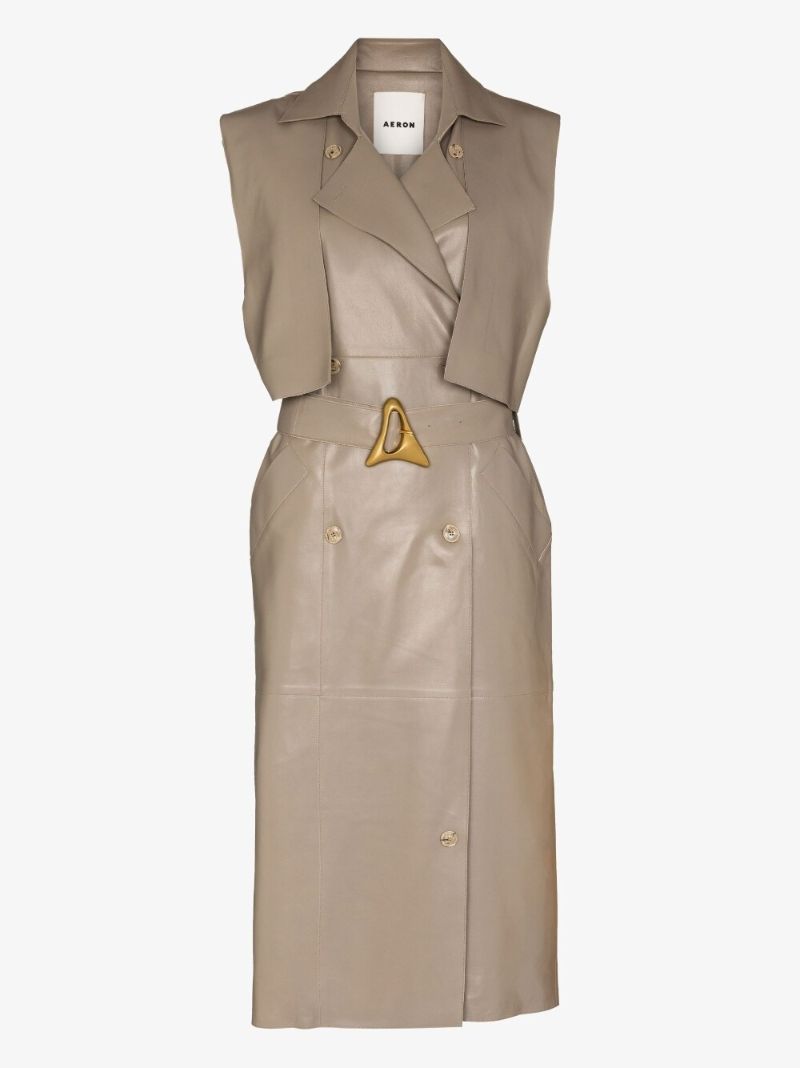 Neutral Delray Sleeveless Double-breasted Leather Coat