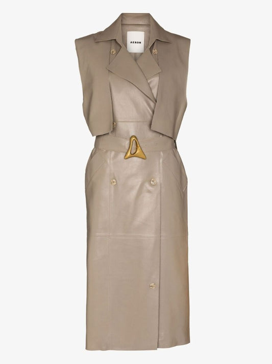 Neutral Delray Sleeveless Double-breasted Leather Coat