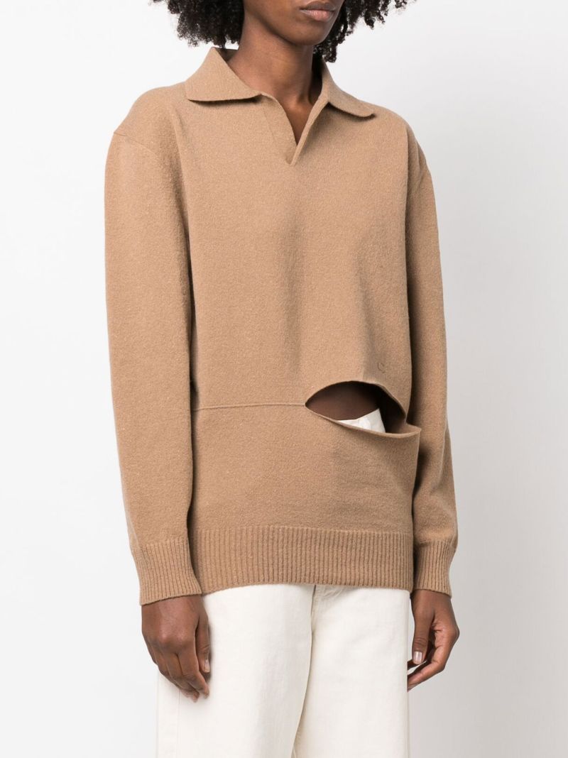 Neutral Rye Cut-out Polo Sweater