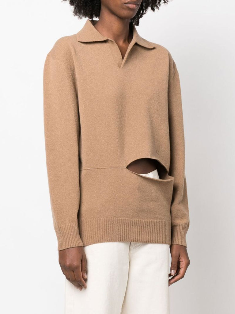 Neutral Rye Cut-out Polo Sweater