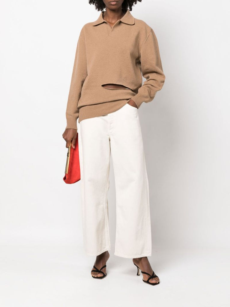 Neutral Rye Cut-out Polo Sweater