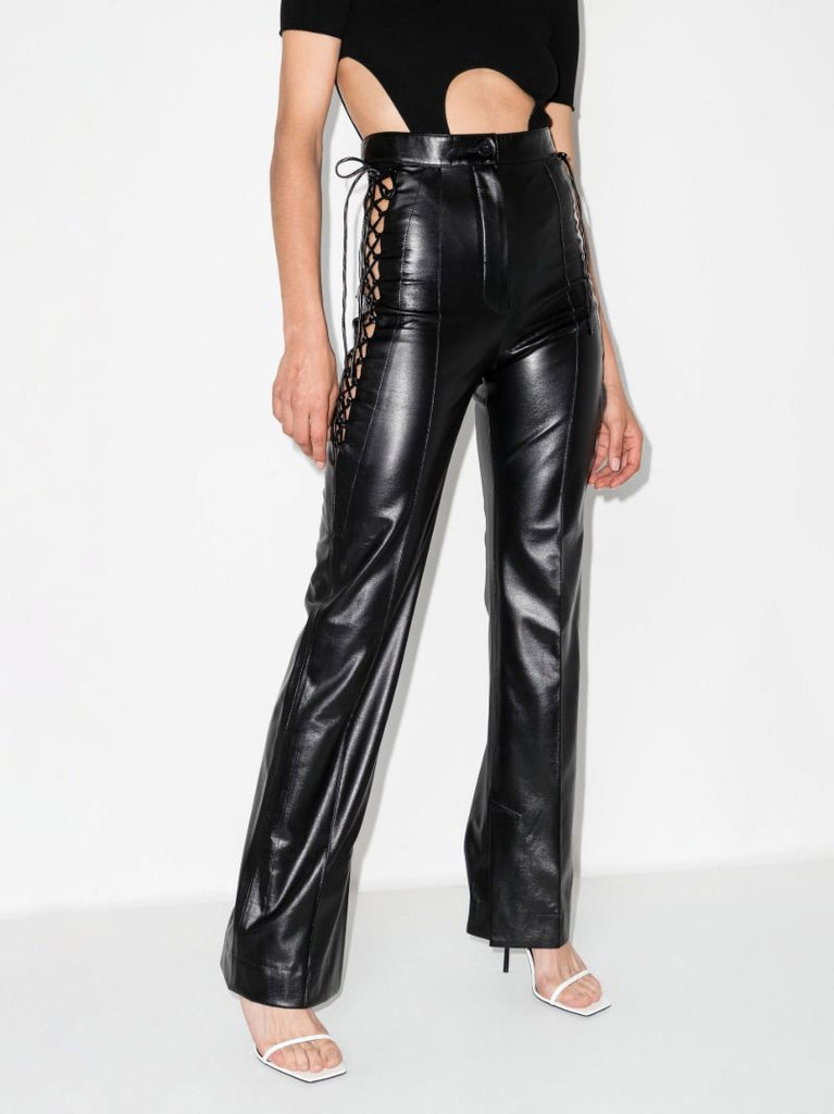 Black Lace-up Faux Leather Trousers