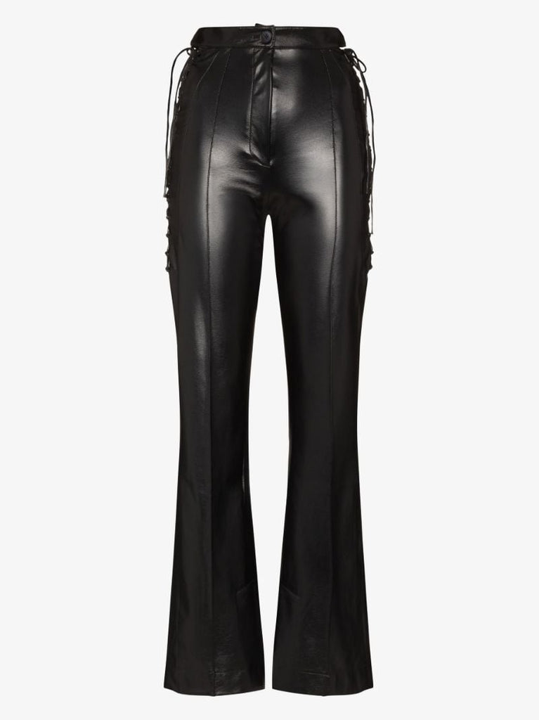 Black Lace-up Faux Leather Trousers