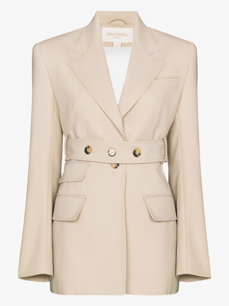 Neutral Belted Single-breasted Blazer