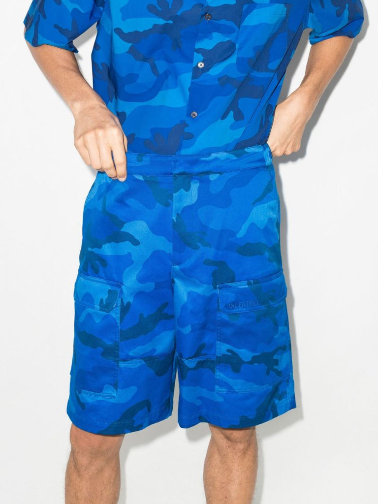Blue Camouflage Print Cargo Shorts
