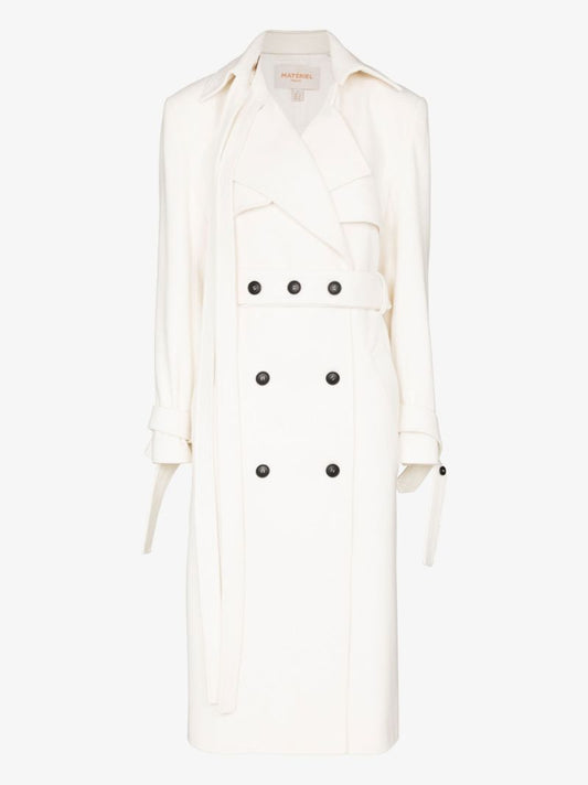 White Convertible Double-breasted Belted Wool Coat