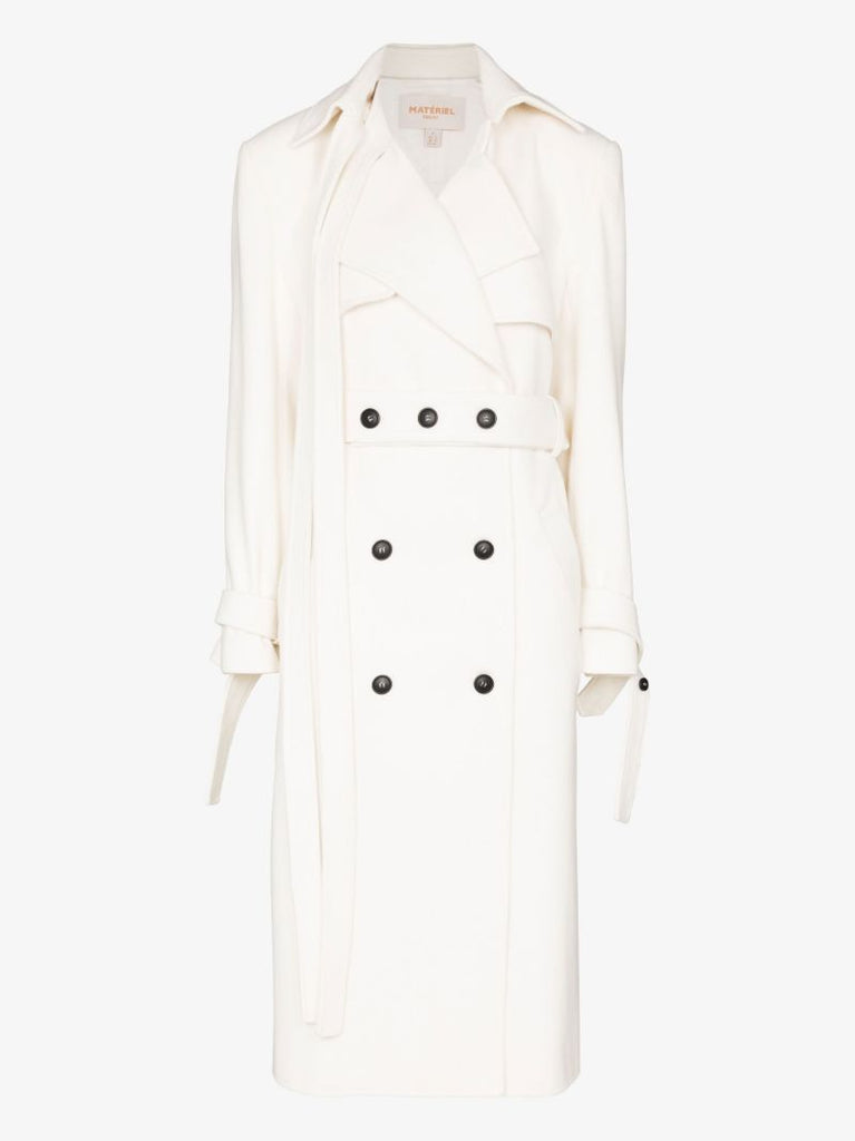 White Convertible Double-breasted Belted Wool Coat