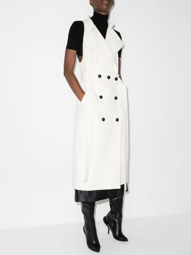 White Convertible Double-breasted Belted Wool Coat