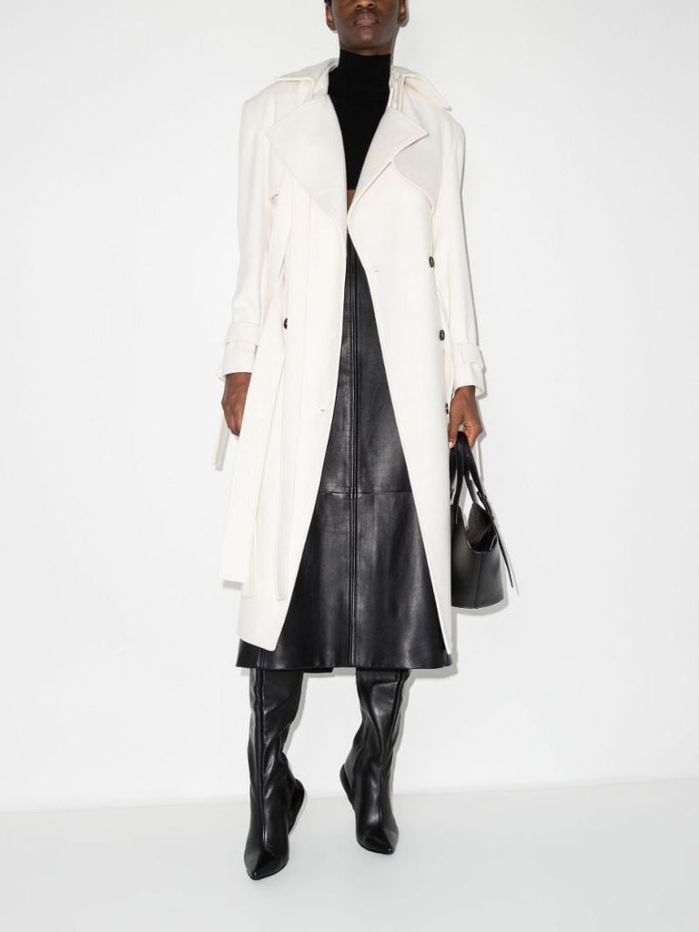 White Convertible Double-breasted Belted Wool Coat