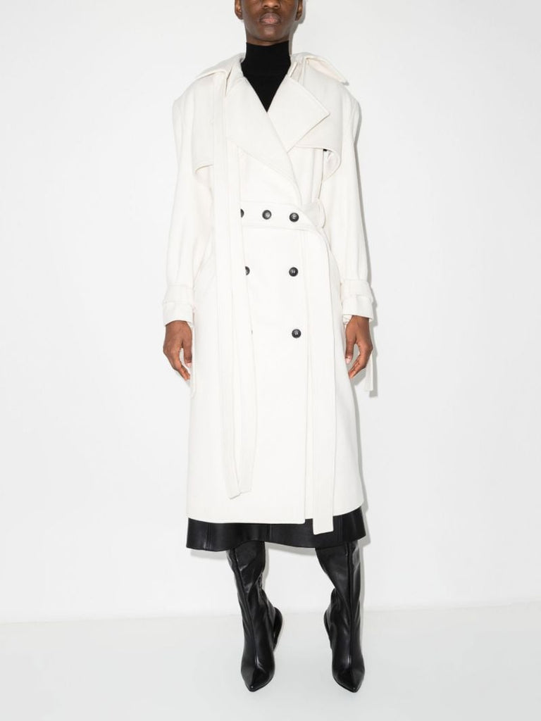 White Convertible Double-breasted Belted Wool Coat