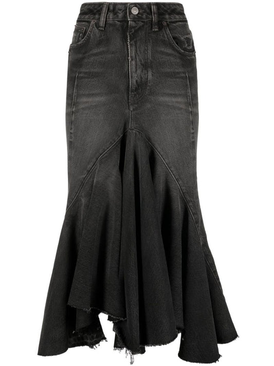 Grey Ruffled Denim Midi Skirt