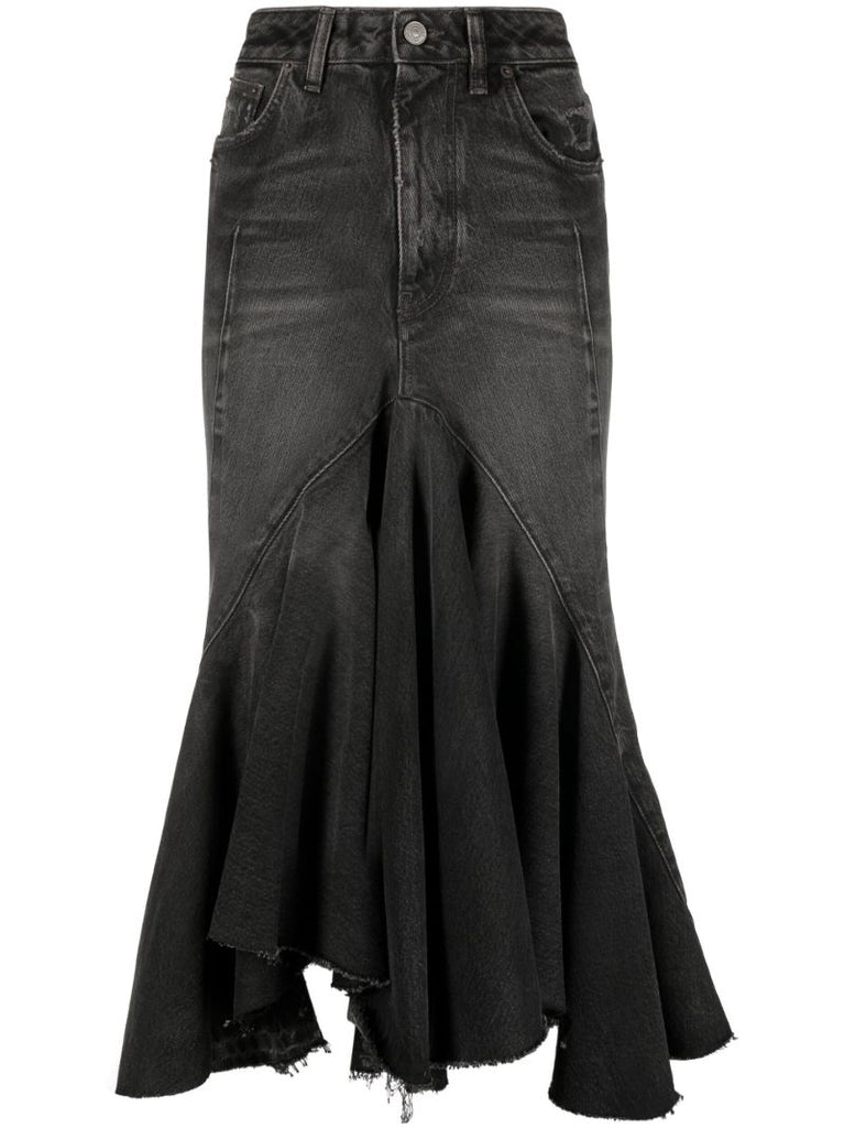 Grey Ruffled Denim Midi Skirt