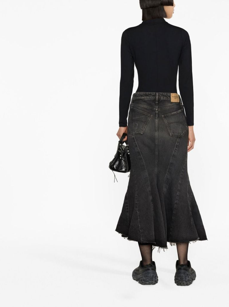 Grey Ruffled Denim Midi Skirt