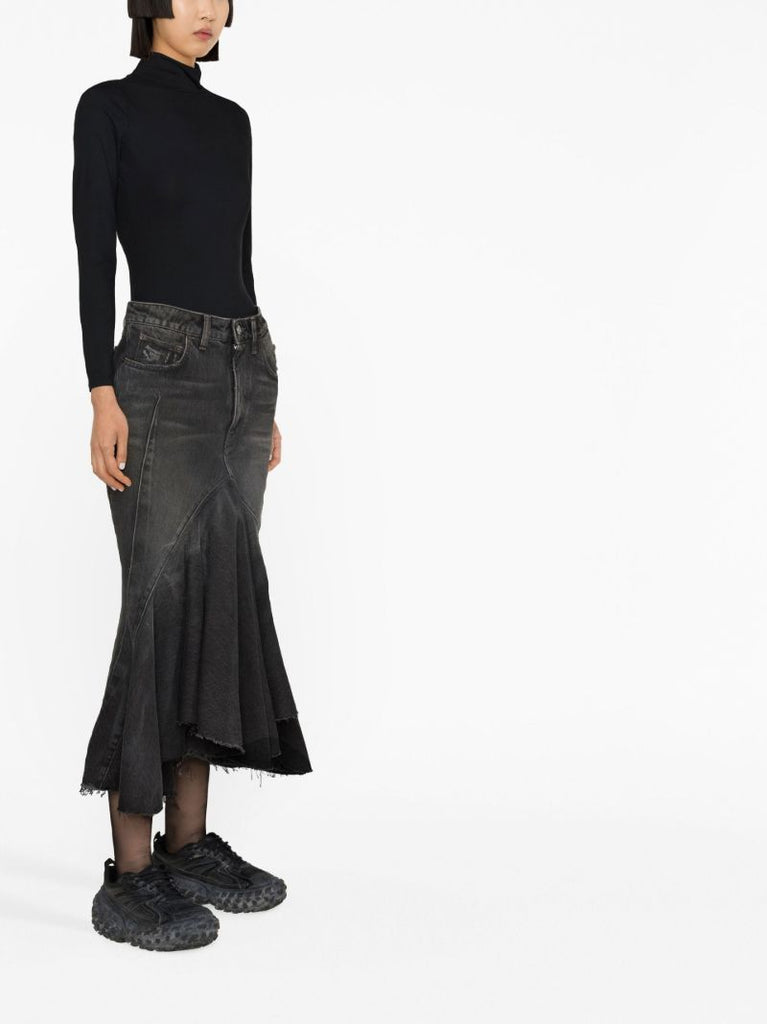 Grey Ruffled Denim Midi Skirt