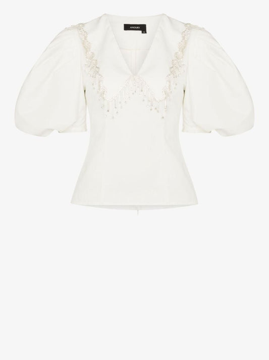 White Embellished Puff Sleeve Blouse
