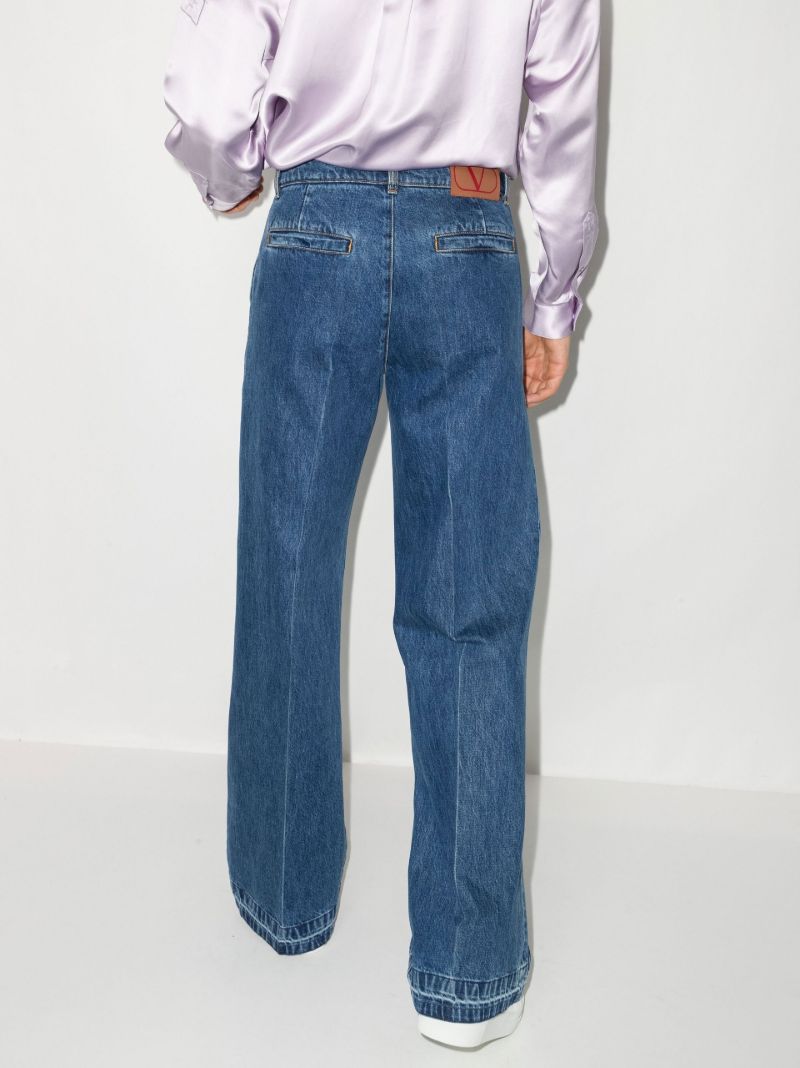 Blue Pleated Straight-leg Jeans