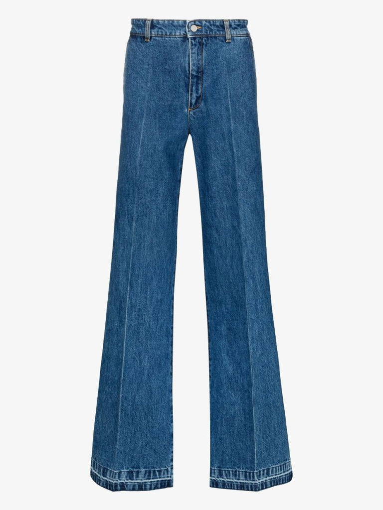 Blue Pleated Straight-leg Jeans