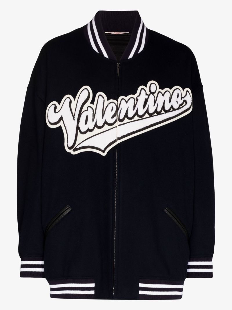 Blue Embroidered Logo Wool Bomber Jacket