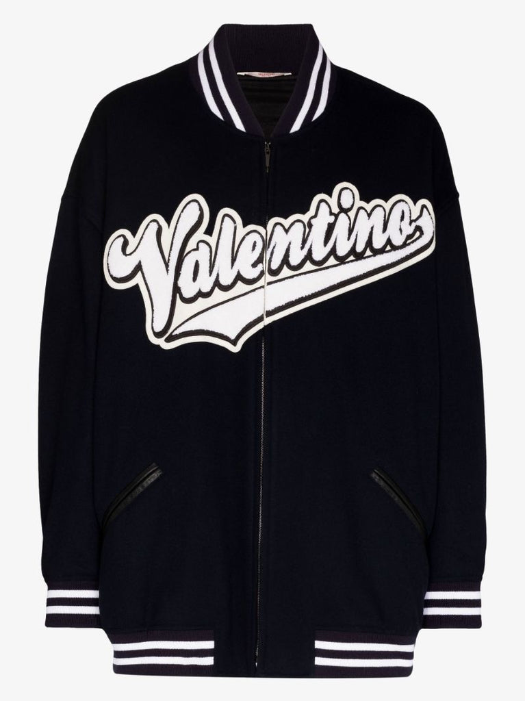 Blue Embroidered Logo Wool Bomber Jacket