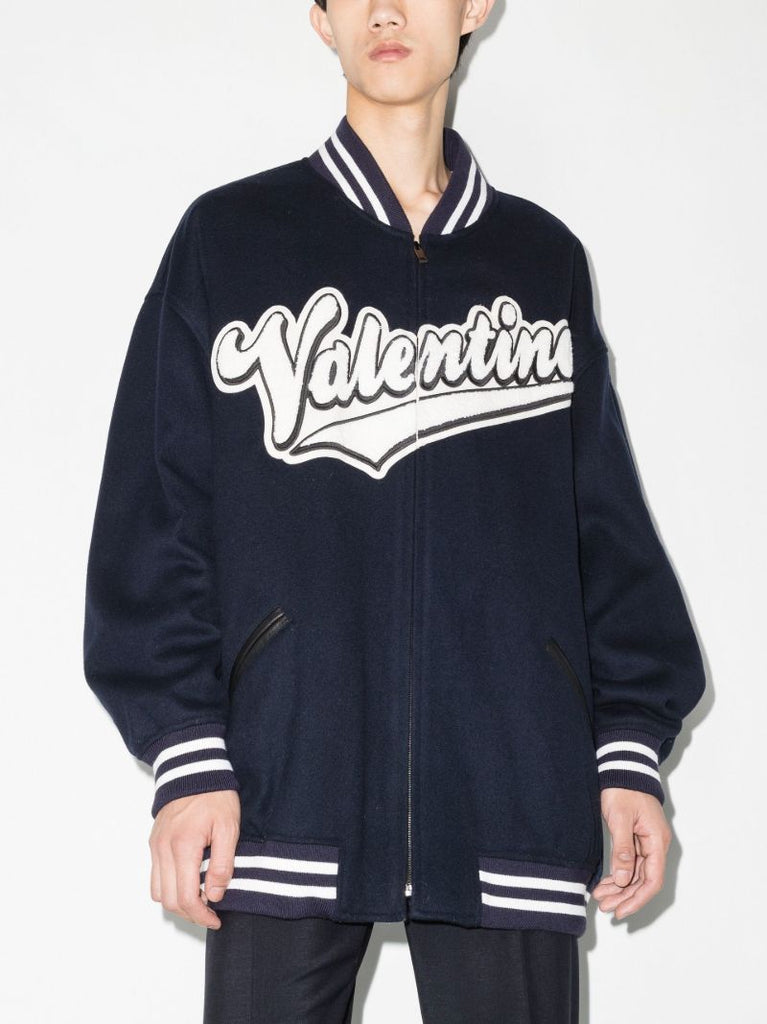 Blue Embroidered Logo Wool Bomber Jacket