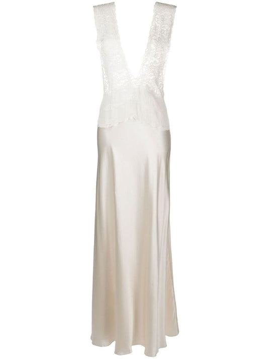 Neutral Lace Silk Slip Maxi Dress