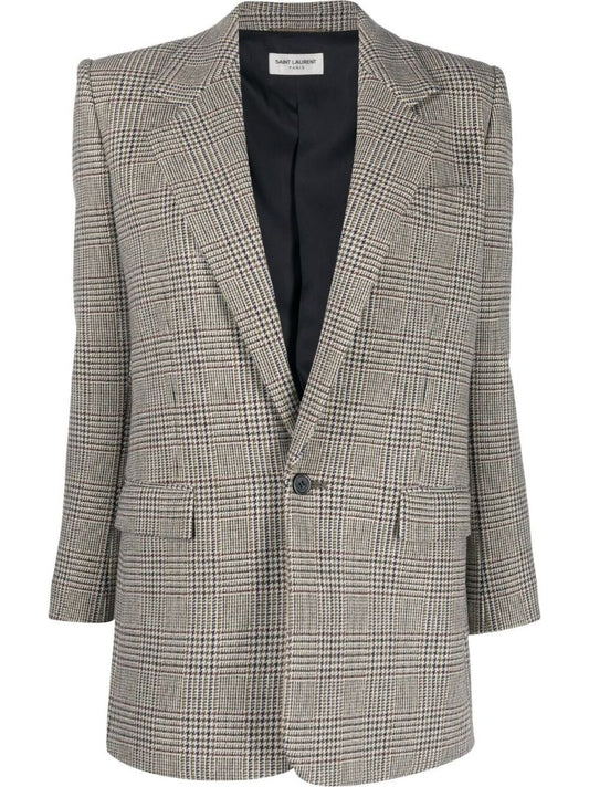 Neutral Houndstooth Single-breasted Blazer