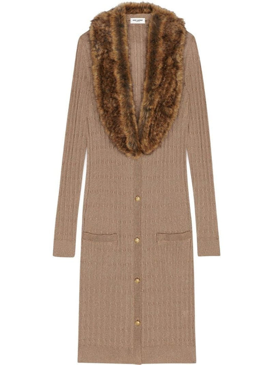 Neutral Faux Fur Collar Cardigan Dress