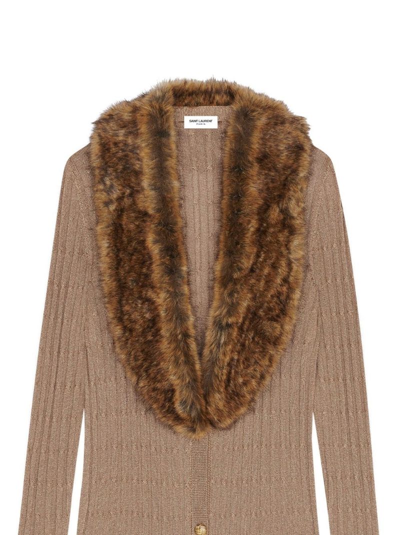 Neutral Faux Fur Collar Cardigan Dress