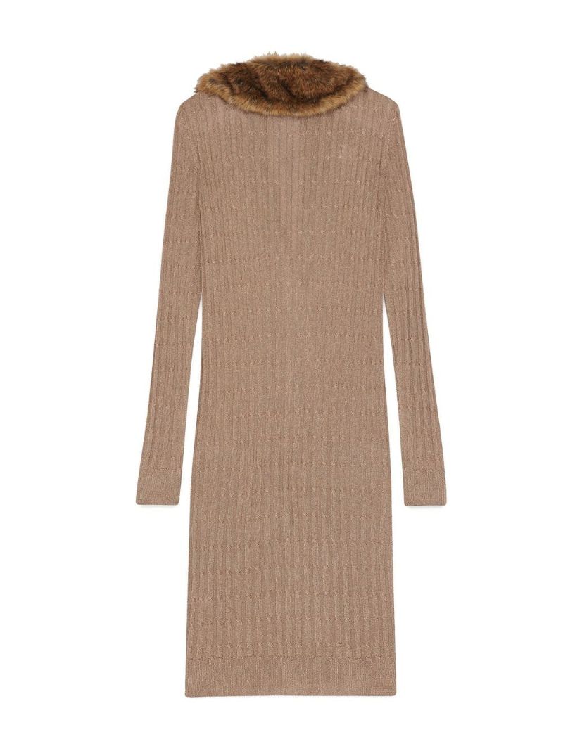 Neutral Faux Fur Collar Cardigan Dress