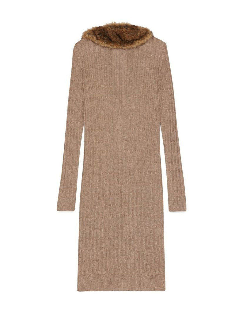 Neutral Faux Fur Collar Cardigan Dress