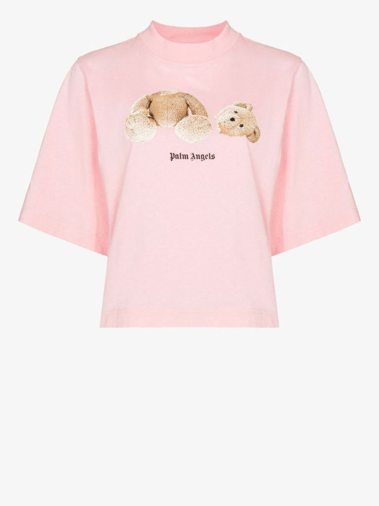Pink Bear Print Cropped T-shirt