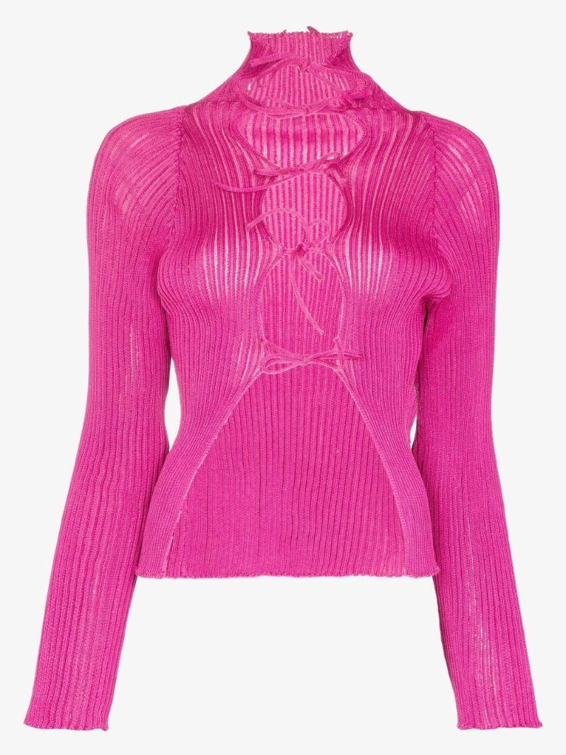 Pink Emma Lace-up Ribbed Cardigan