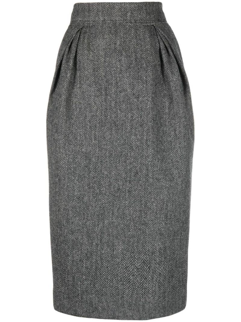 Black Pleated Wool Midi Skirt
