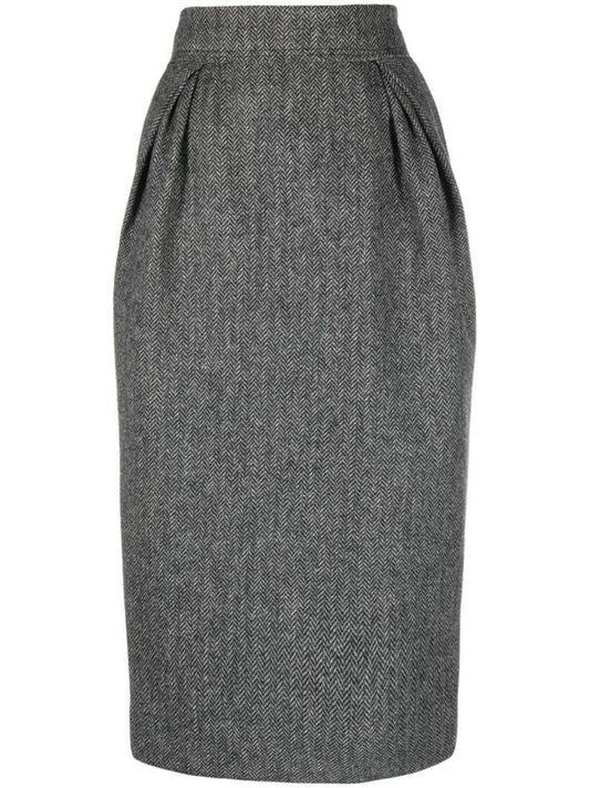Black Pleated Wool Midi Skirt