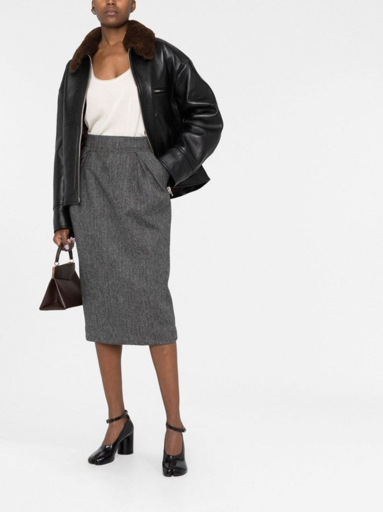 Black Pleated Wool Midi Skirt